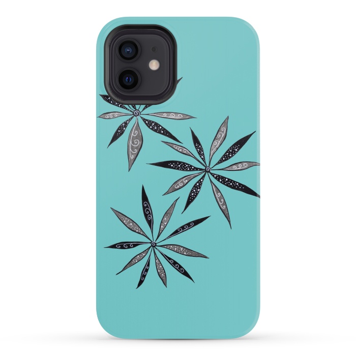 iPhone 12 mini StrongFit Elegant Thin Flowers With Dots And Swirls On Blue by Boriana Giormova