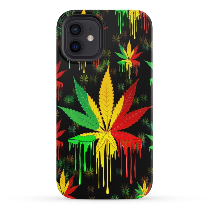 iPhone 12 mini StrongFit Marijuana Leaf Rasta Colors Dripping Paint by BluedarkArt