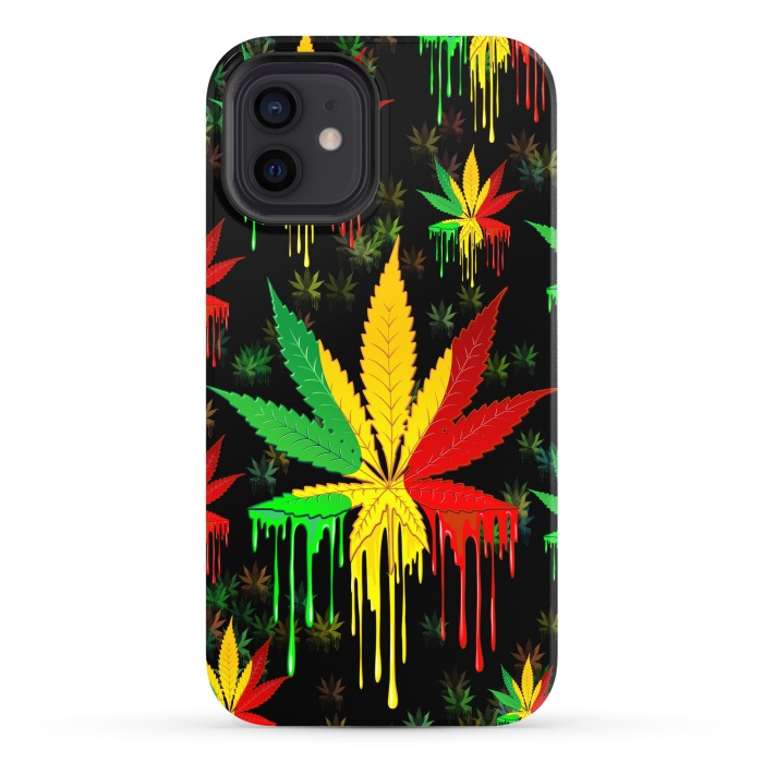 iPhone 12 StrongFit Marijuana Leaf Rasta Colors Dripping Paint by BluedarkArt