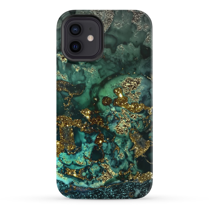 iPhone 12 mini StrongFit Indigo Green and Gold Glitter Ink Marble by  Utart