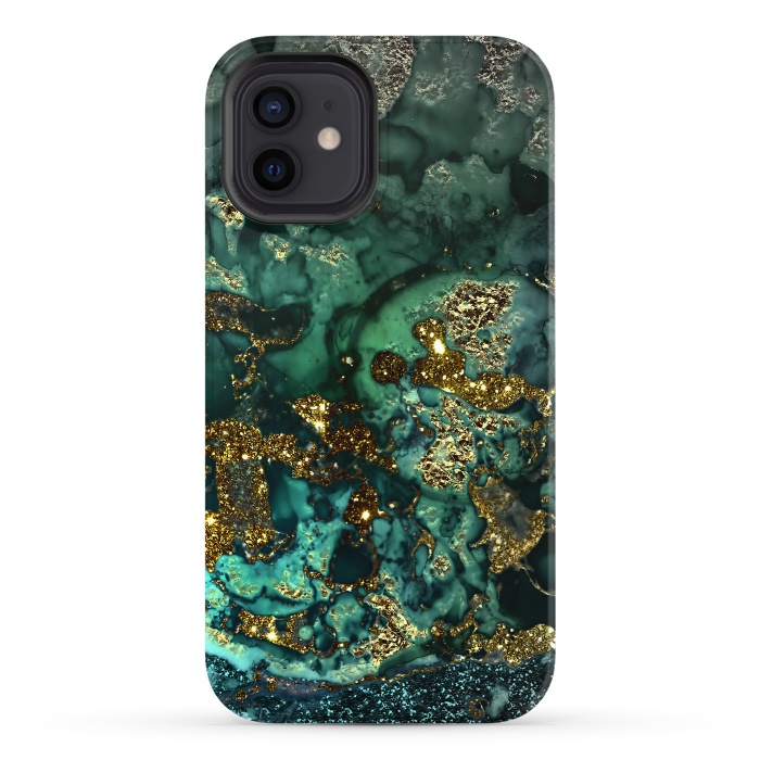 iPhone 12 StrongFit Indigo Green and Gold Glitter Ink Marble by  Utart