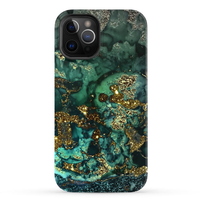 iPhone 12 Pro StrongFit Indigo Green and Gold Glitter Ink Marble by  Utart