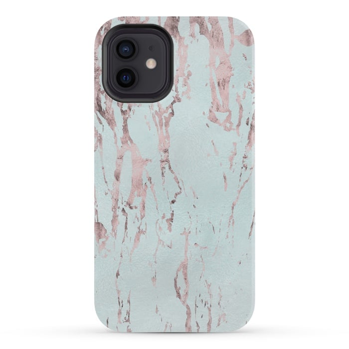 iPhone 12 StrongFit Rose Gold Marble Fragments On Teal 2 by Andrea Haase
