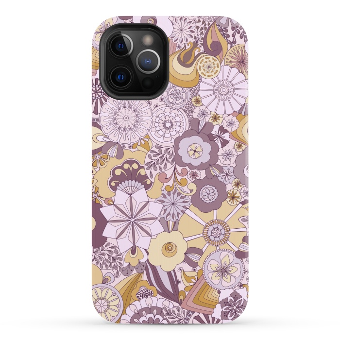iPhone 12 Pro StrongFit Flowers, Flowers Everywhere Purple and Mustard by Paula Ohreen