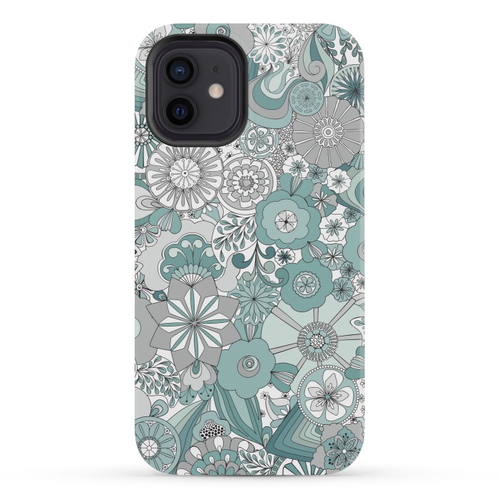 iPhone 12 mini StrongFit Flowers, Flowers Everywhere Teal and Gray by Paula Ohreen