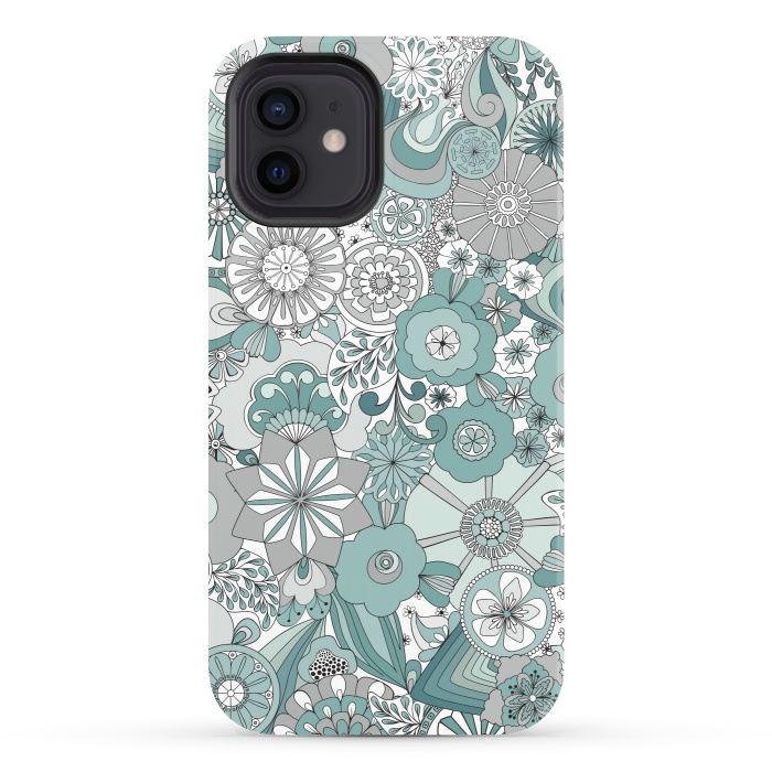 iPhone 12 StrongFit Flowers, Flowers Everywhere Teal and Gray by Paula Ohreen