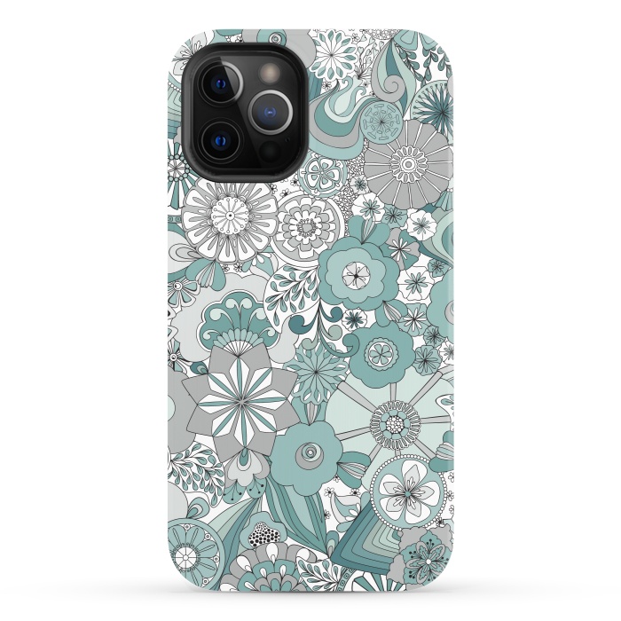 iPhone 12 Pro StrongFit Flowers, Flowers Everywhere Teal and Gray by Paula Ohreen