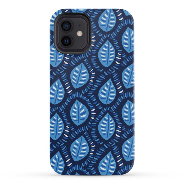 iPhone 12 mini StrongFit Blue Decorative Geometric Leaves Pattern by Boriana Giormova