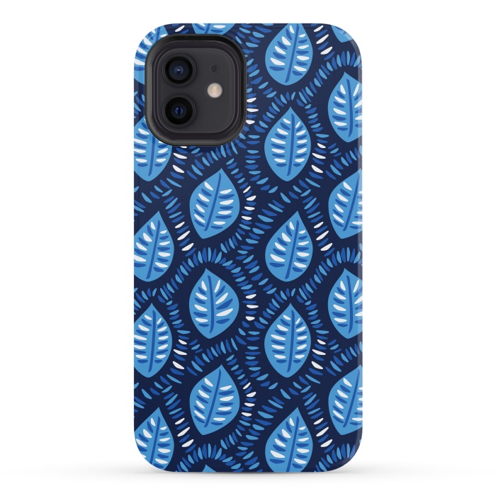 iPhone 12 StrongFit Blue Decorative Geometric Leaves Pattern by Boriana Giormova