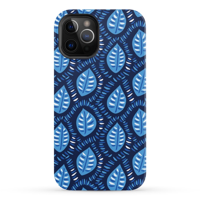 iPhone 12 Pro StrongFit Blue Decorative Geometric Leaves Pattern by Boriana Giormova