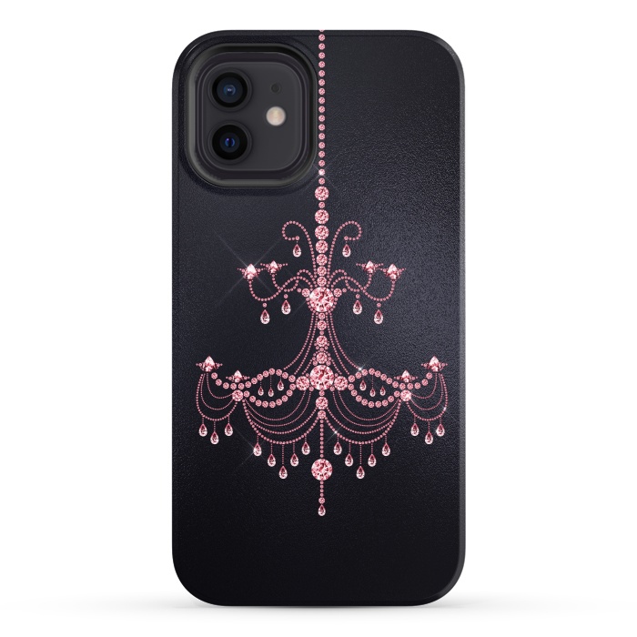 iPhone 12 StrongFit Pink sparkling chandelier on metal black  by  Utart