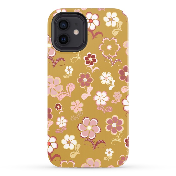 iPhone 12 StrongFit 60s Flowers in Mustard and Pink by Paula Ohreen