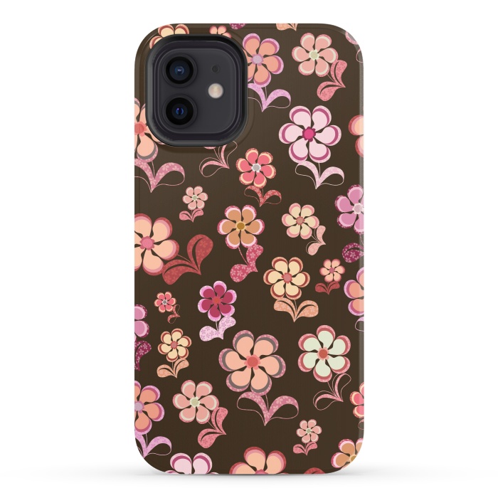 iPhone 12 StrongFit 60s Flowers on Chocolate Brown by Paula Ohreen