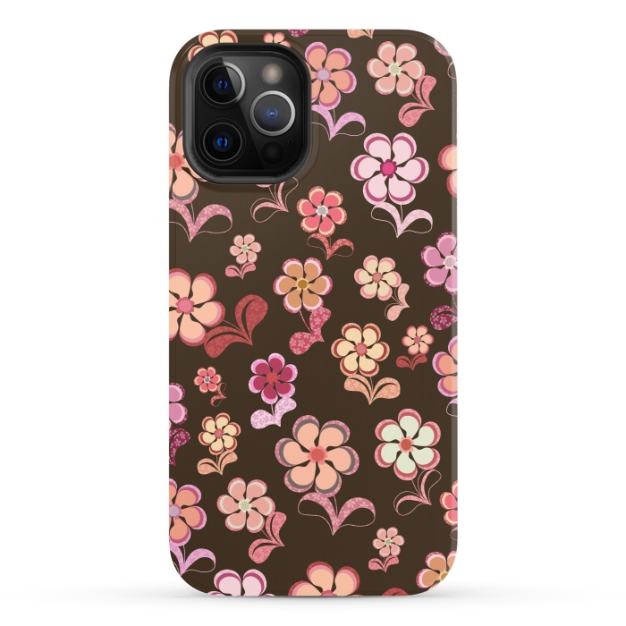 iPhone 12 Pro StrongFit 60s Flowers on Chocolate Brown by Paula Ohreen
