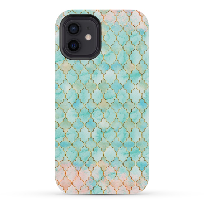 iPhone 12 mini StrongFit Multicolor Teal Pink Moroccan Shapes Pattern  by  Utart