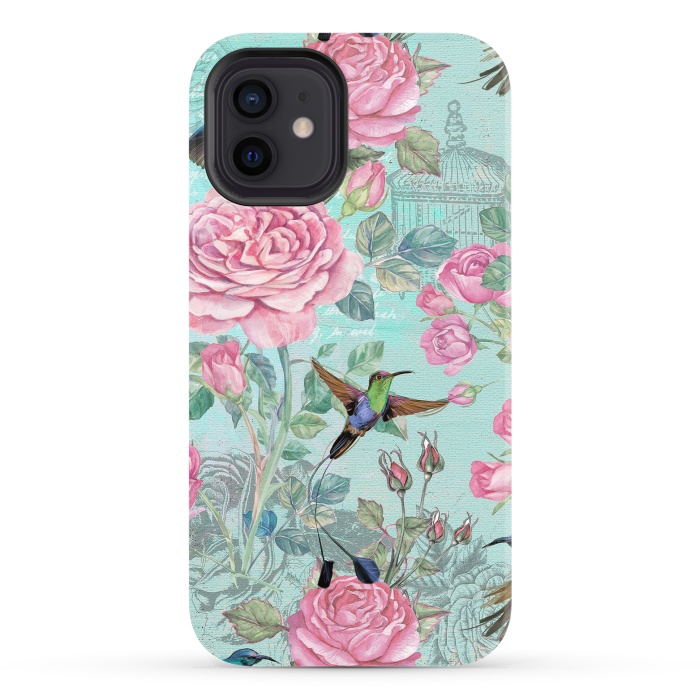iPhone 12 StrongFit Vintage Roses and Hummingbirds by  Utart