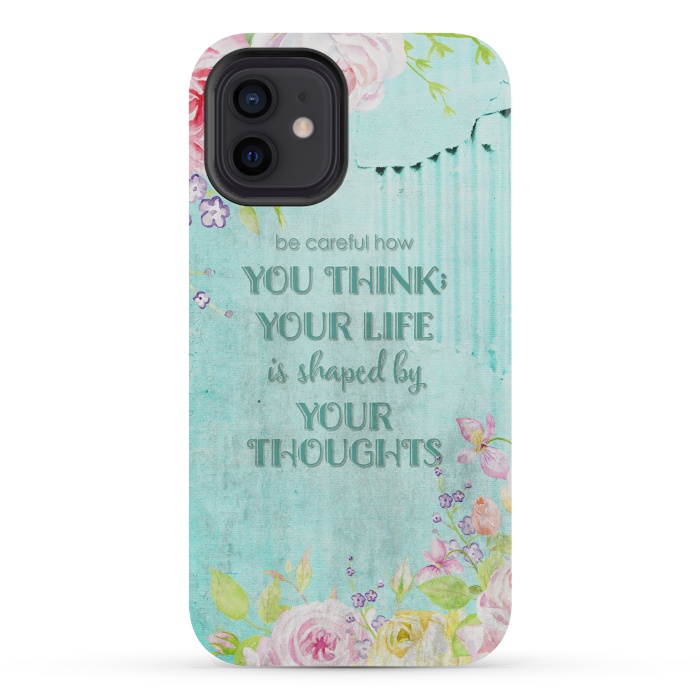 iPhone 12 mini StrongFit Be Carefull - Floral Typopgraphy on Teal by  Utart