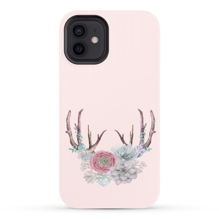 iPhone 12 StrongFit Bohomian Art- Antlers Flowers and Cactus by  Utart