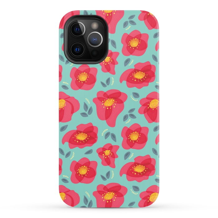 iPhone 12 Pro StrongFit Pretty Flowers With Bright Pink Petals On Blue by Boriana Giormova