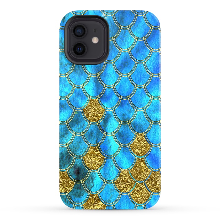 iPhone 12 StrongFit Blue and Gold Glitter Metal Mermaid Scales by  Utart