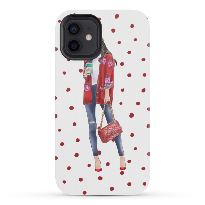 iPhone 12 mini StrongFit Coffee City Girl with Red Polka Dots by DaDo ART