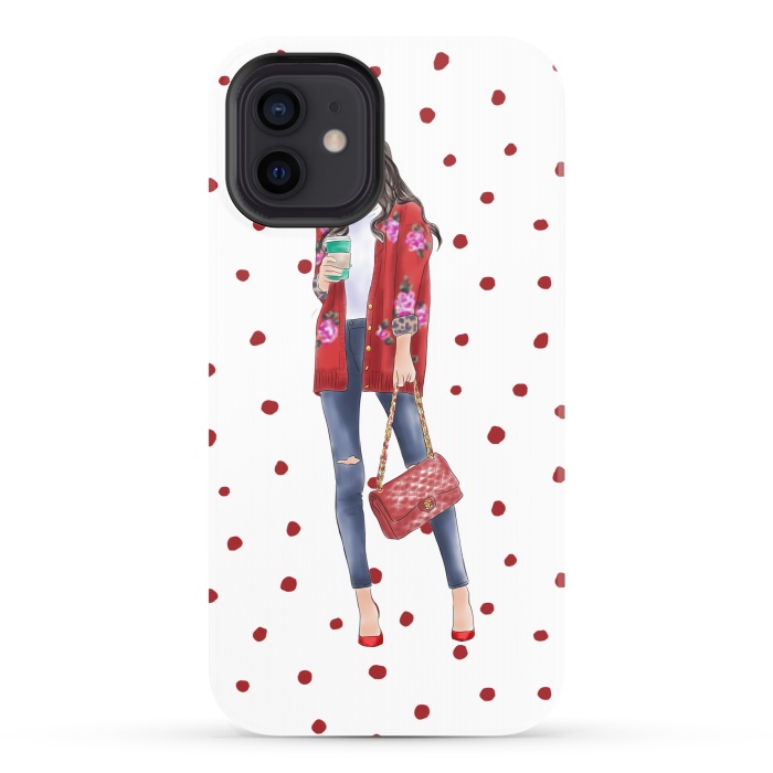 iPhone 12 StrongFit Coffee City Girl with Red Polka Dots by DaDo ART