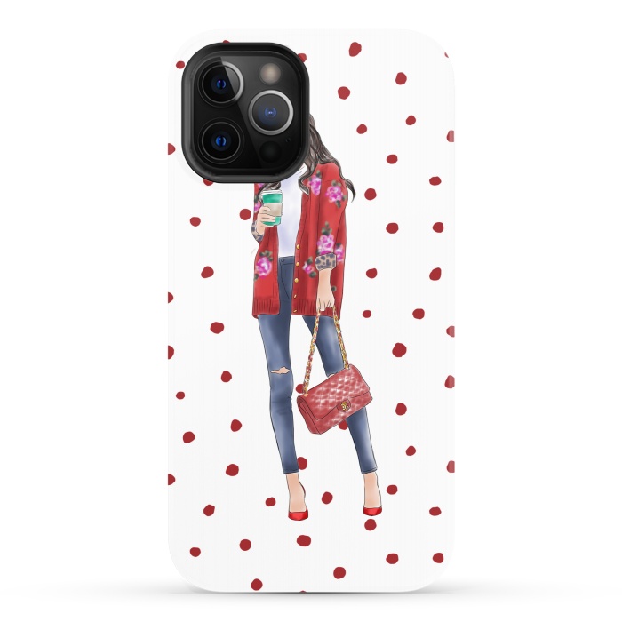 iPhone 12 Pro StrongFit Coffee City Girl with Red Polka Dots by DaDo ART