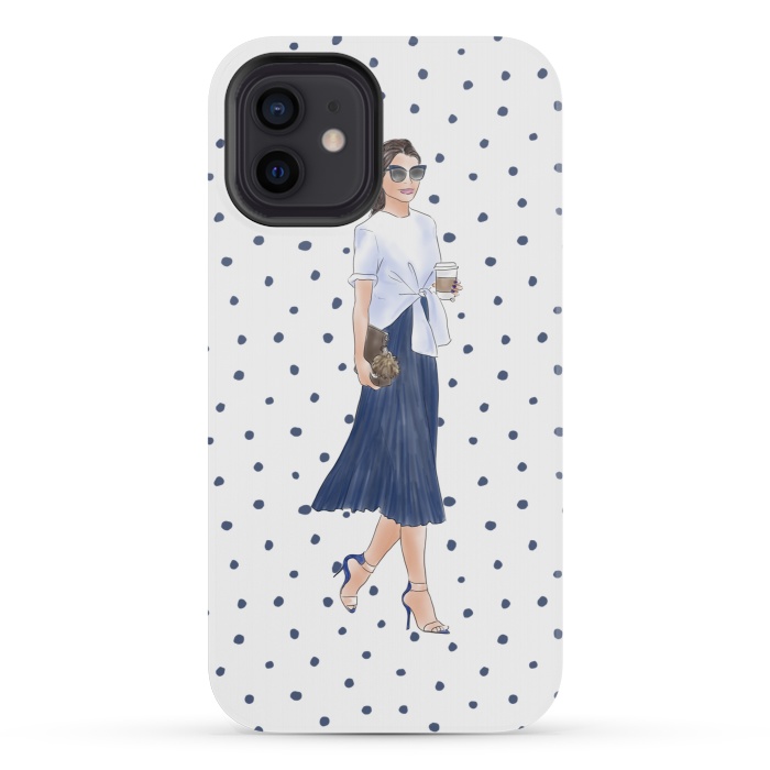 iPhone 12 mini StrongFit Fashion Coffee Girl with Blue Polka Dots by DaDo ART