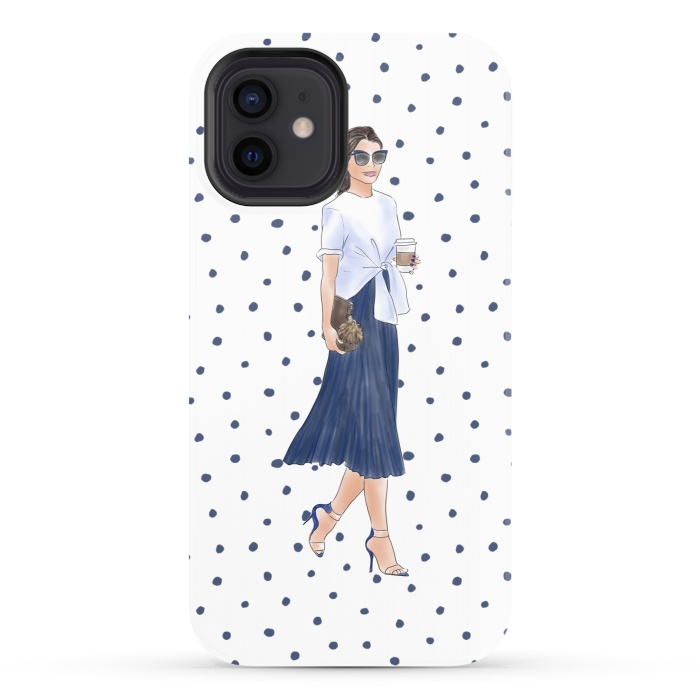 iPhone 12 StrongFit Fashion Coffee Girl with Blue Polka Dots by DaDo ART