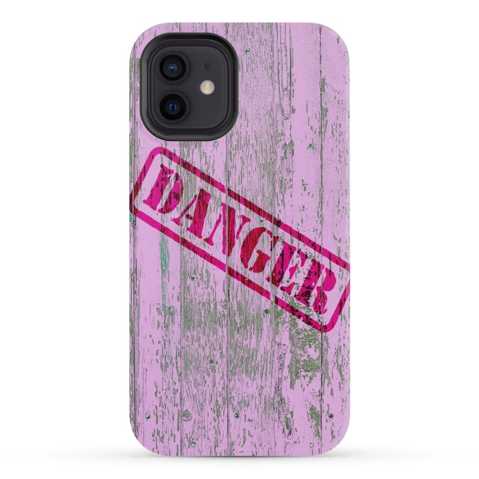 iPhone 12 mini StrongFit Pink Danger Sign On Old Wooden Planks by Andrea Haase