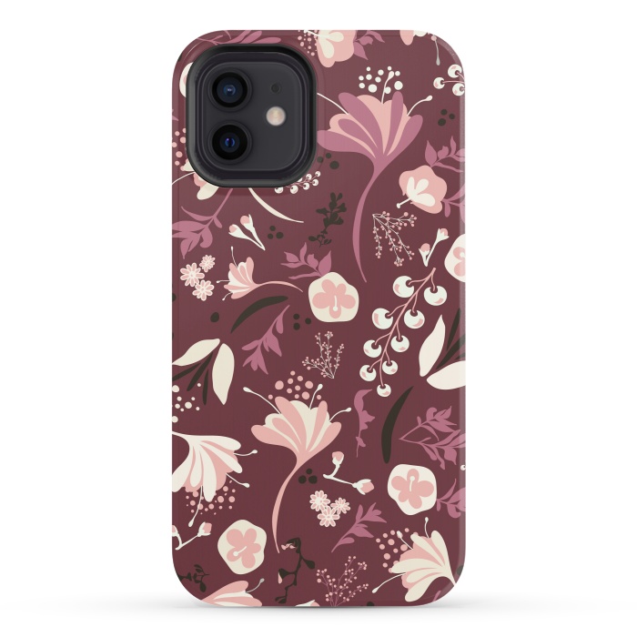 iPhone 12 StrongFit Beautiful Blooms on Burgundy by Paula Ohreen