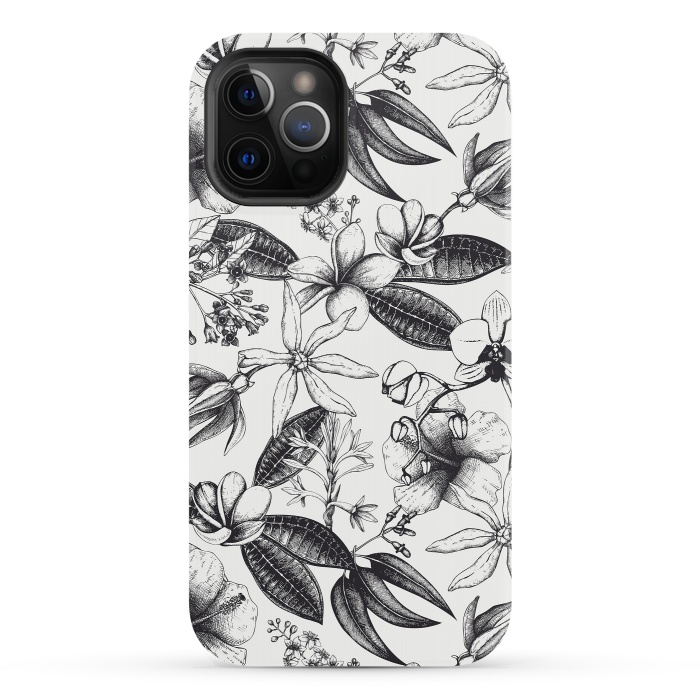 iPhone 12 Pro StrongFit Black And White Exotic Flower Pattern by Andrea Haase