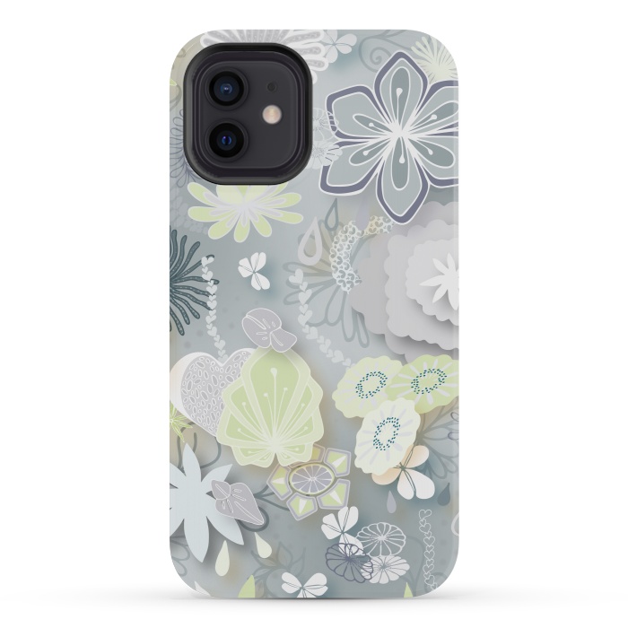iPhone 12 mini StrongFit Paper-Cut Florals on Grey by Paula Ohreen