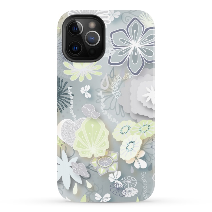iPhone 12 Pro StrongFit Paper-Cut Florals on Grey by Paula Ohreen