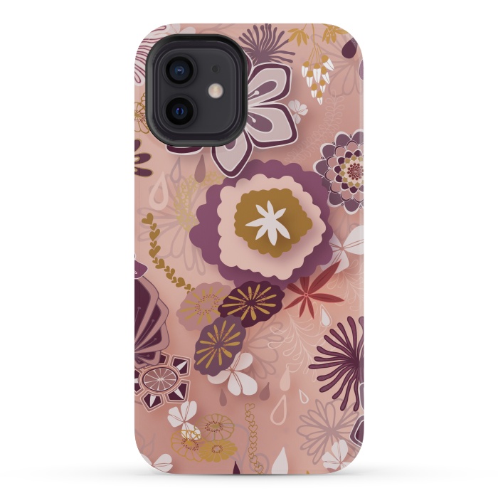 iPhone 12 mini StrongFit Paper-Cut Florals on Pink by Paula Ohreen