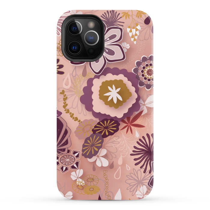 iPhone 12 Pro StrongFit Paper-Cut Florals on Pink by Paula Ohreen