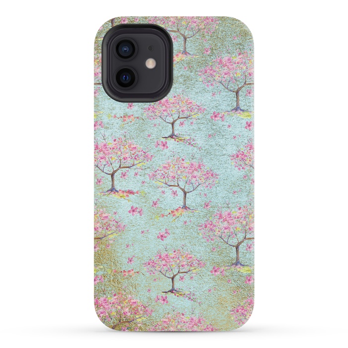 iPhone 12 mini StrongFit Shiny Teal Spring Metal Cherry Blossom Tree Pattern by  Utart