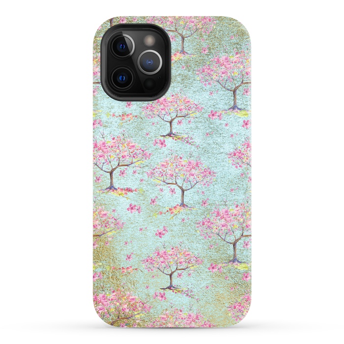 iPhone 12 Pro StrongFit Shiny Teal Spring Metal Cherry Blossom Tree Pattern by  Utart