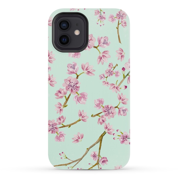 iPhone 12 mini StrongFit Aqua Teal and Pink Cherry Blossom Branch Spring Pattern by  Utart