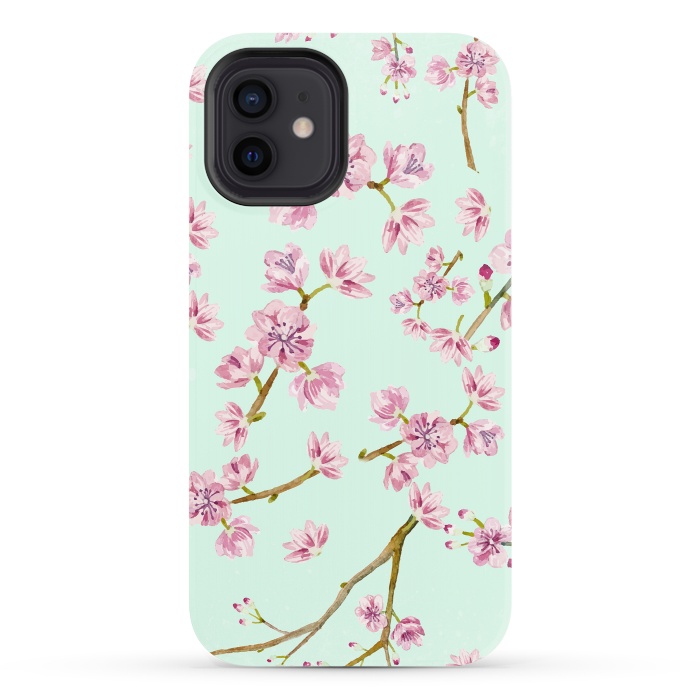 iPhone 12 StrongFit Aqua Teal and Pink Cherry Blossom Branch Spring Pattern by  Utart