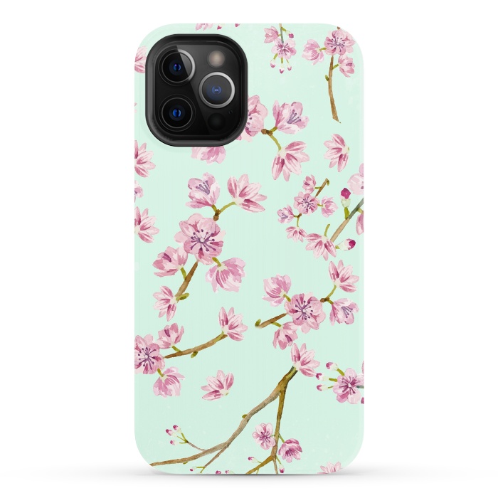iPhone 12 Pro StrongFit Aqua Teal and Pink Cherry Blossom Branch Spring Pattern by  Utart