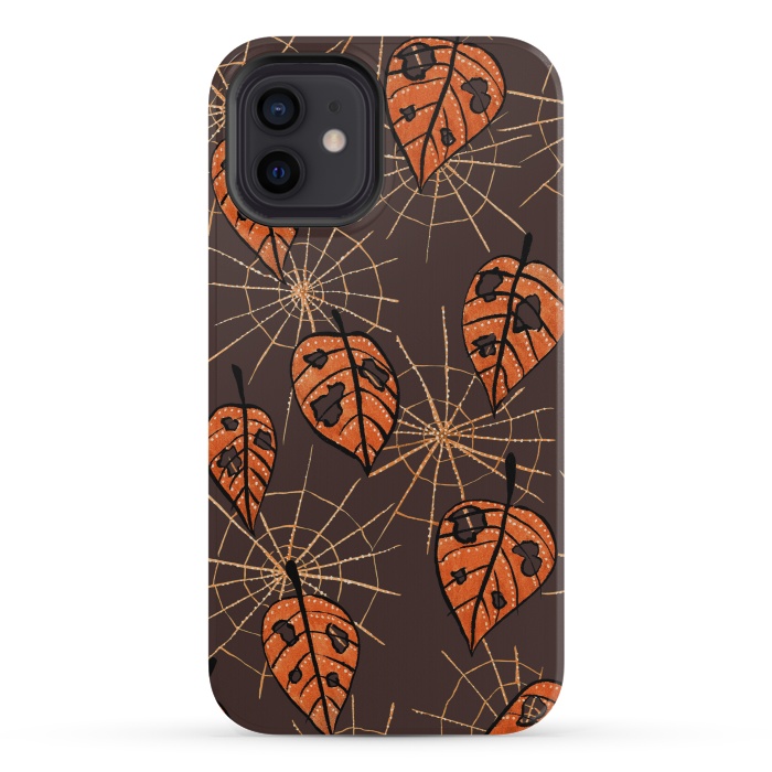 iPhone 12 mini StrongFit Orange Leaves With Holes And Spiderwebs by Boriana Giormova