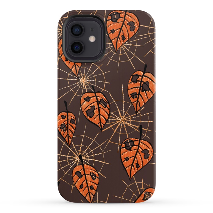 iPhone 12 StrongFit Orange Leaves With Holes And Spiderwebs by Boriana Giormova