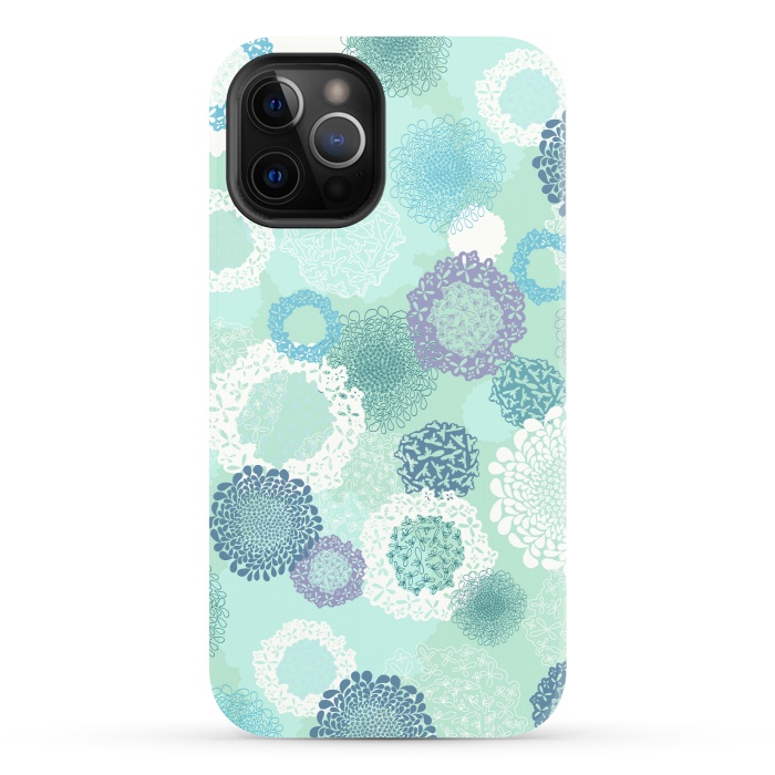iPhone 12 Pro StrongFit Doily Flowers on Teal by Paula Ohreen