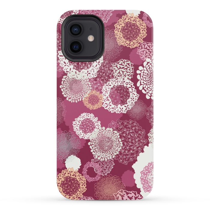 iPhone 12 mini StrongFit Doily Flowers on Dark Pink by Paula Ohreen