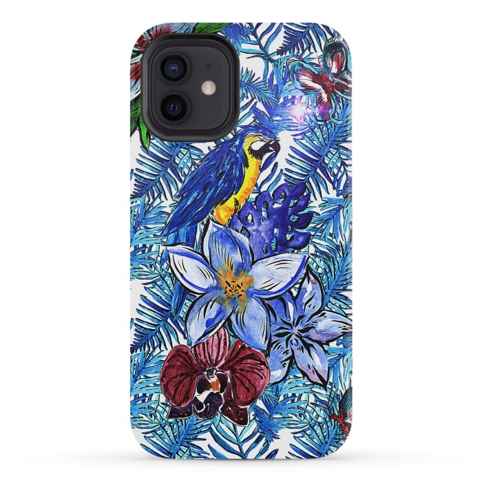 iPhone 12 mini StrongFit Blue Jungle Bird Pattern by  Utart