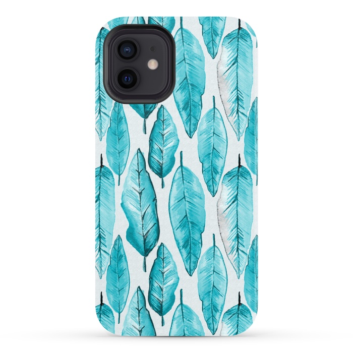 iPhone 12 StrongFit Turquoise Watercolor Feathers by Andrea Haase