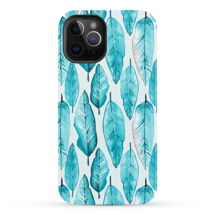 iPhone 12 Pro StrongFit Turquoise Watercolor Feathers by Andrea Haase