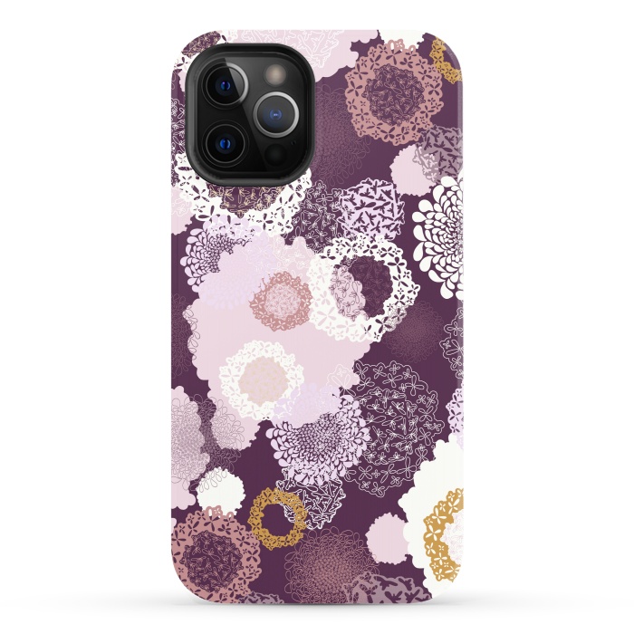 iPhone 12 Pro StrongFit Doily Flowers on Purple by Paula Ohreen