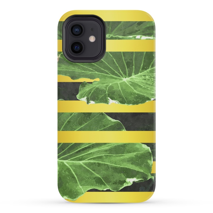 iPhone 12 mini StrongFit Green Leaves and Gold Stripes by Alemi